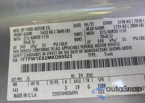 2021 Ford F-150 Lariat из США, поврежденный, VIN 1FTFW1E82MKD89523